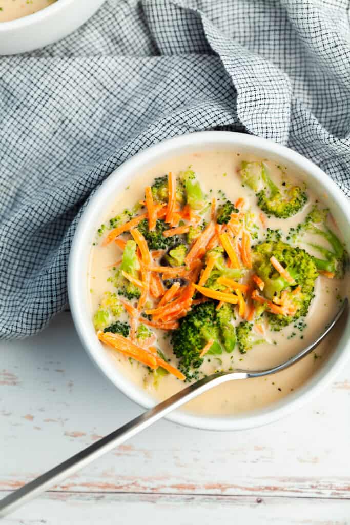 vegetarian broccoli cheddar soup in a bowl