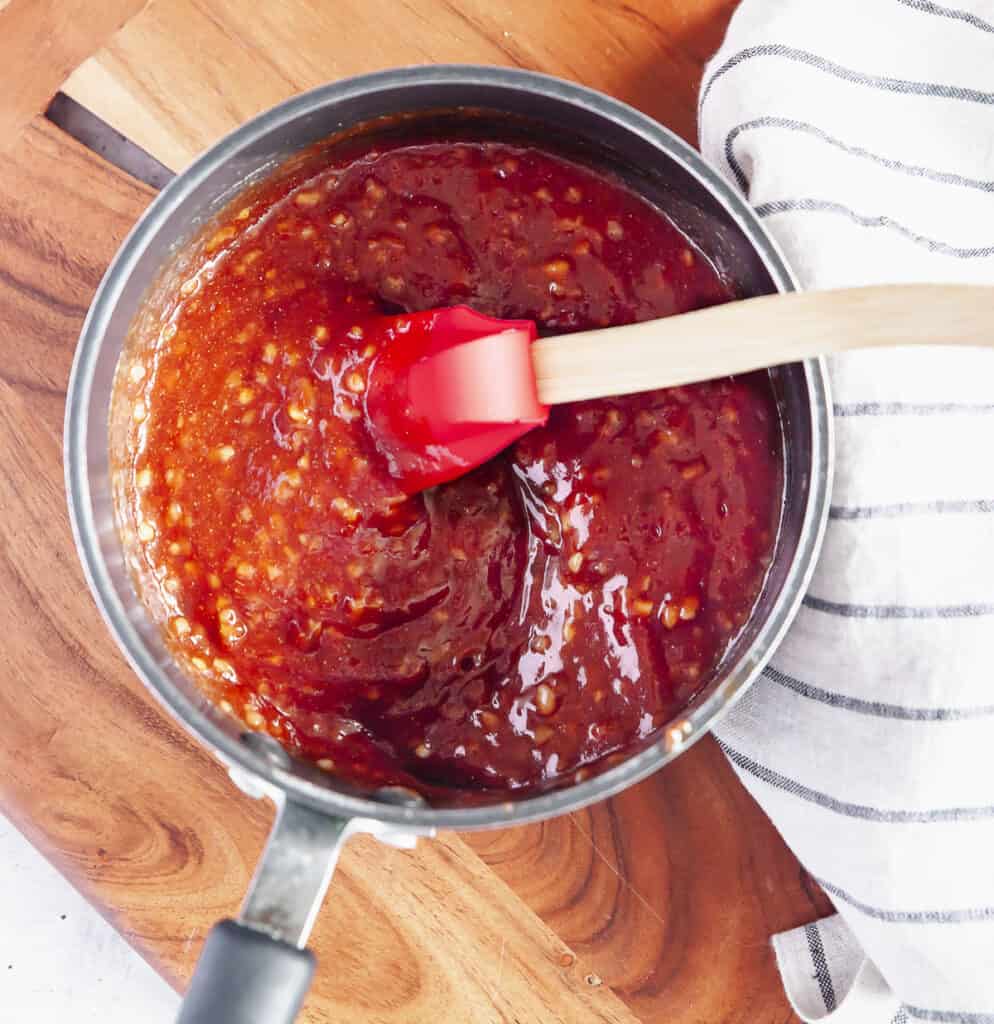 Sauce mixed in the sauce pan with a rubber spatula