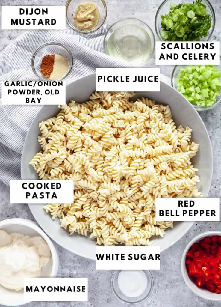 Ingredients for macaroni salad labelled