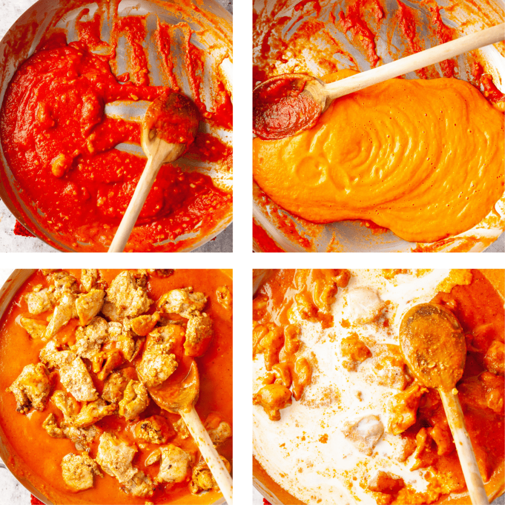 Four photos of butter chicken gravy being completed 