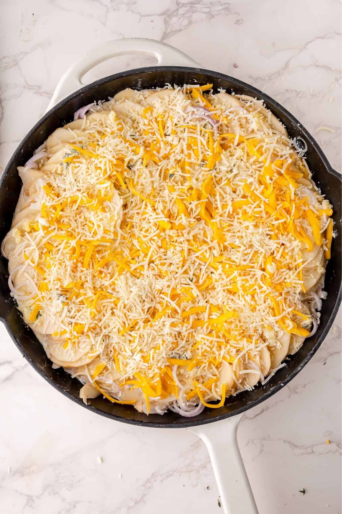 Potatoes au gratin in a cast iron skillet with cheese on top. 
