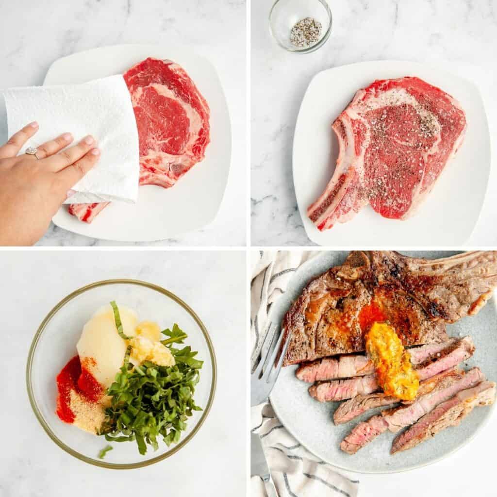 Step by step instructions on preparing cast iron ribeye and compound butter