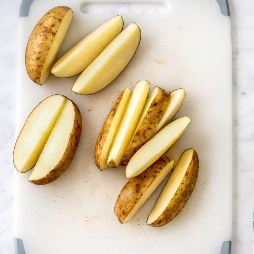 Potatoes cut into wedges on a cutting board.