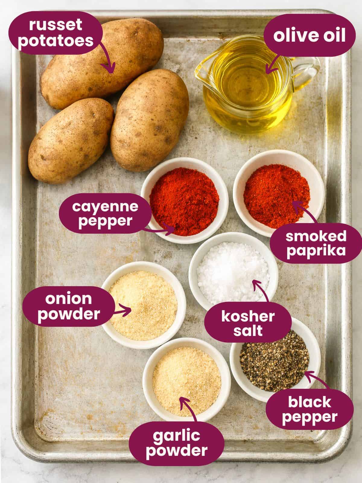 Recipe ingredients labelled on a sheet tray.