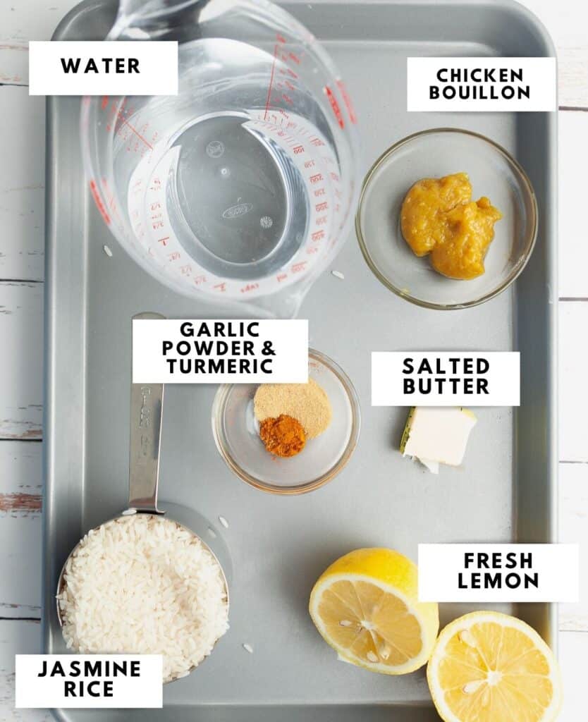 Ingredients for yellow rice labelled on a sheet tray