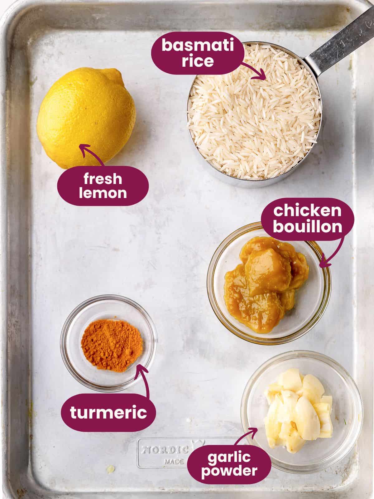 Recipe ingredients labelled on a sheet tray.