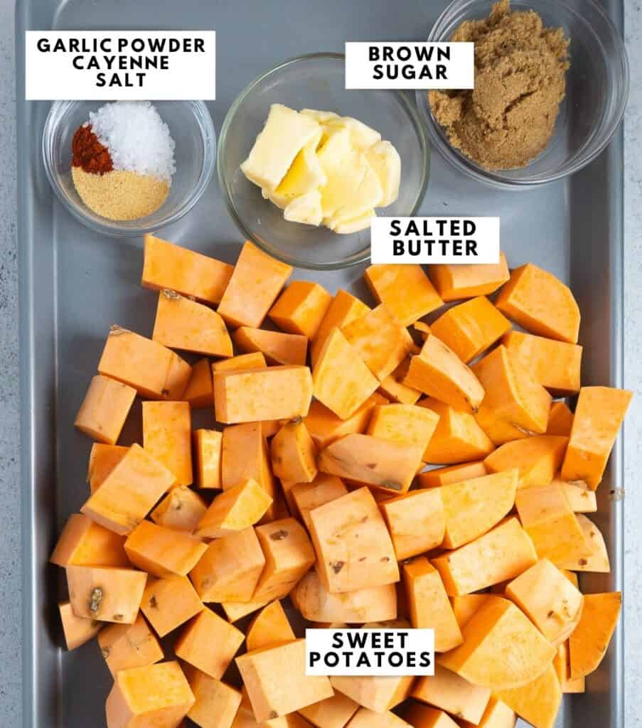 Ingredients for sweet potato mash on a sheet tray, labelled