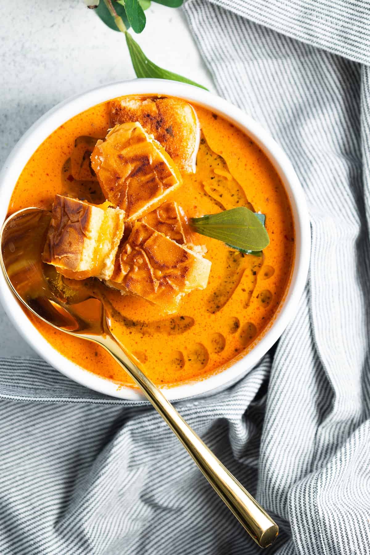 Marinara soup with grilled cheese croutons, in a bowl with a spoon