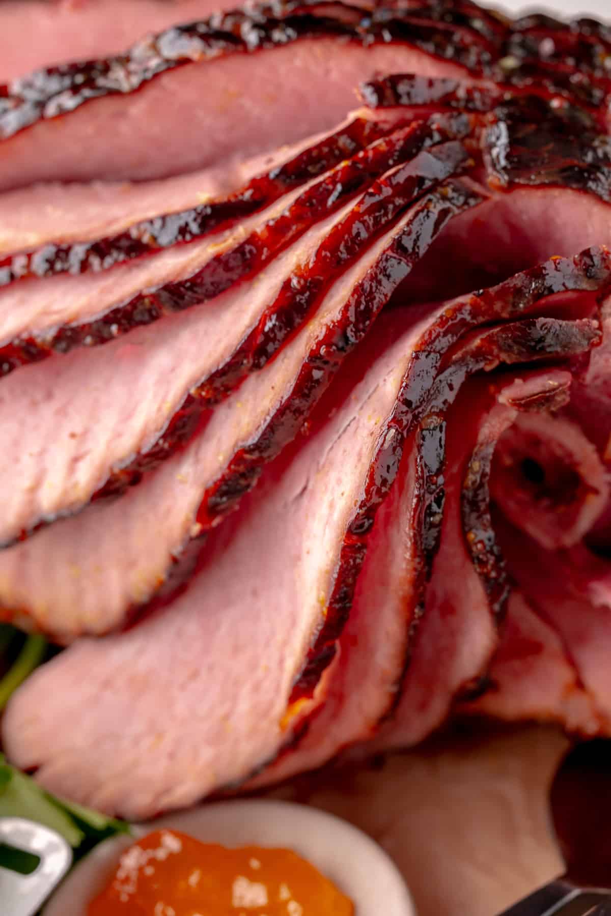 Close up shot of cooked glazed ham. 