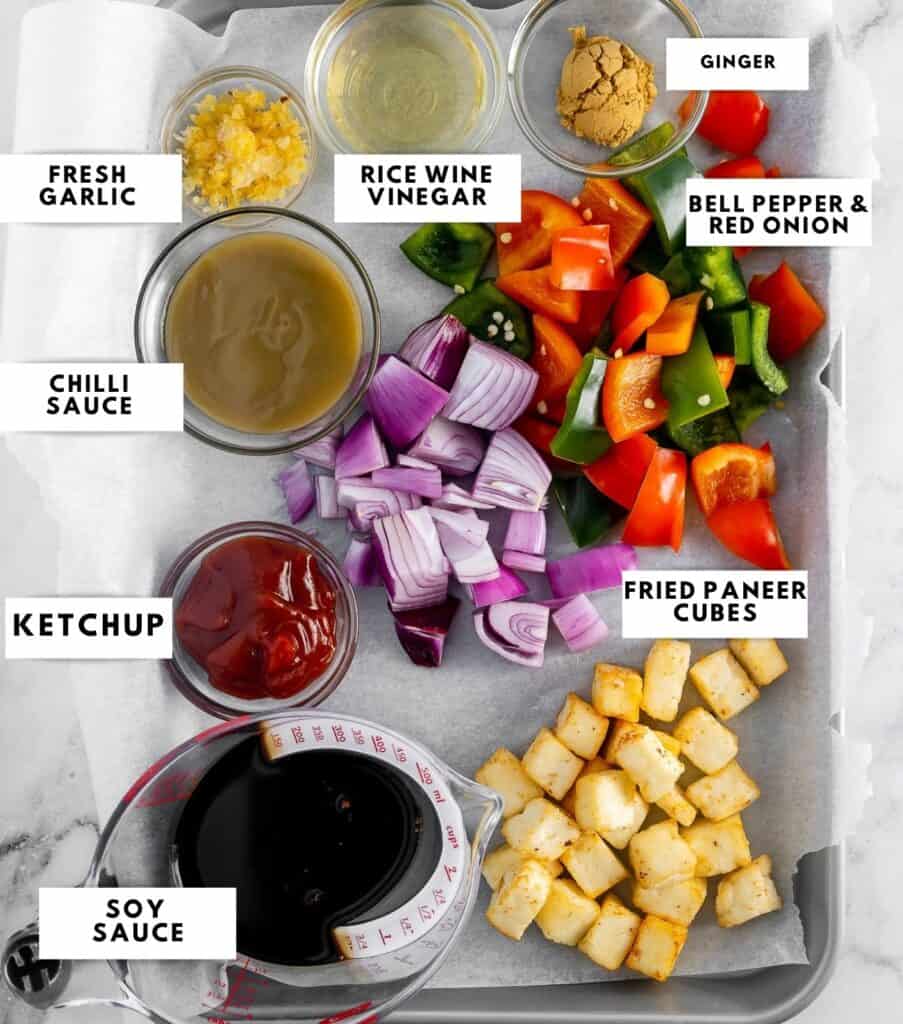 Ingredients to prepare chilli paneer labelled