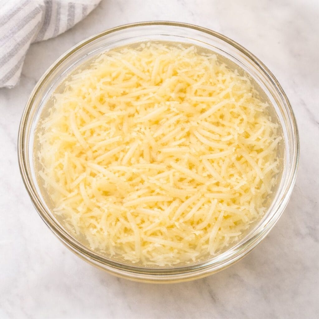 Shredded potatoes soaked in cold water, in a bowl.