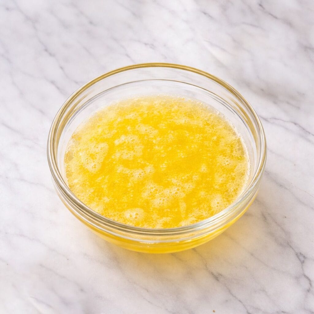 Melted butter in a small glass bowl.