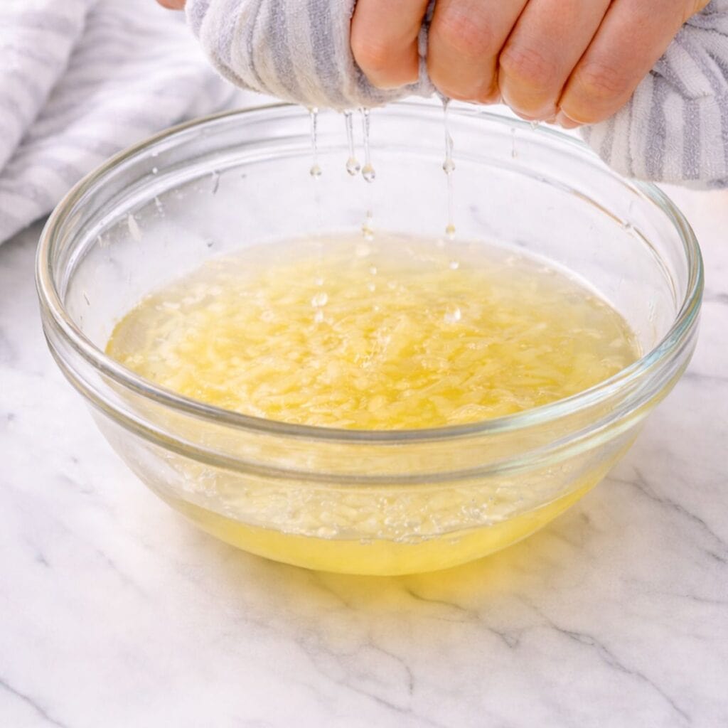 Shredded potatoes being wrung out in a tea towel, over a glass bowl.