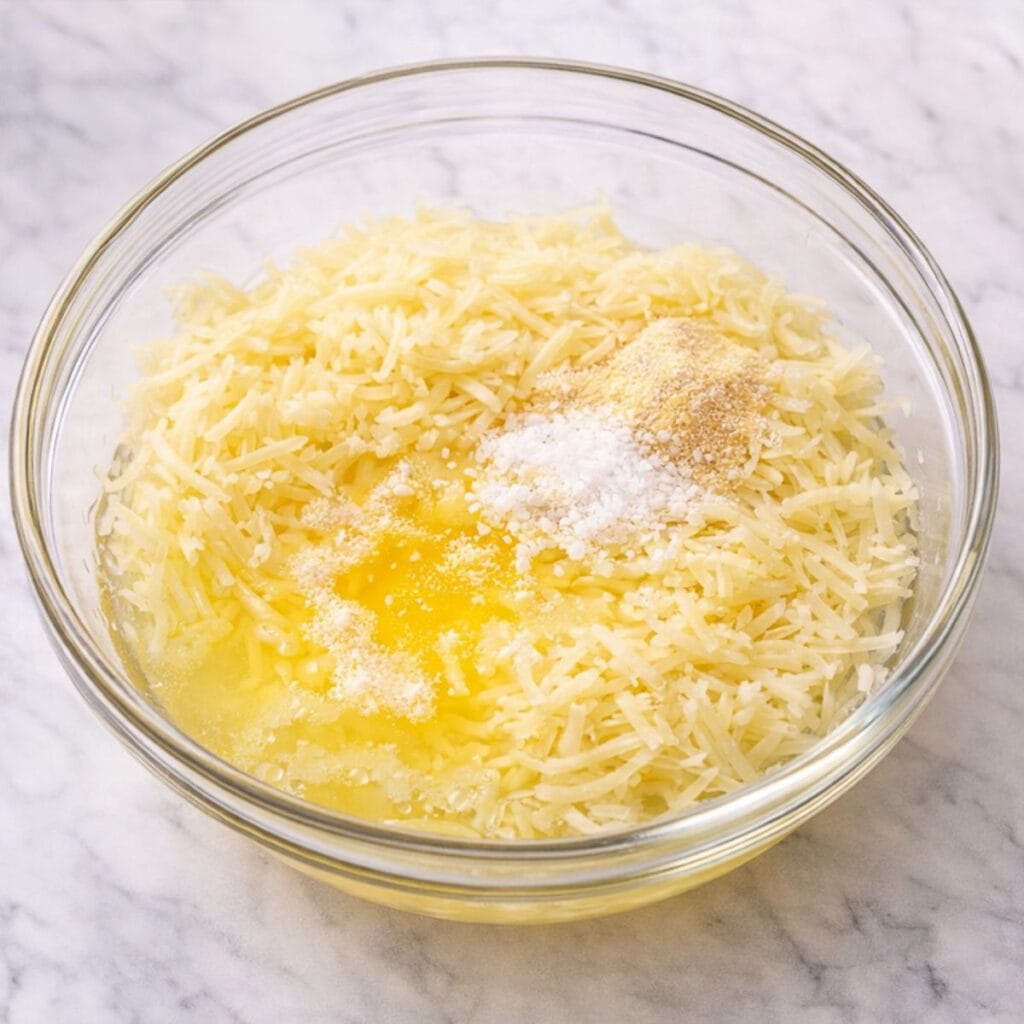 Shredded potatoes in a glass bowl with melted butter and seasonings.