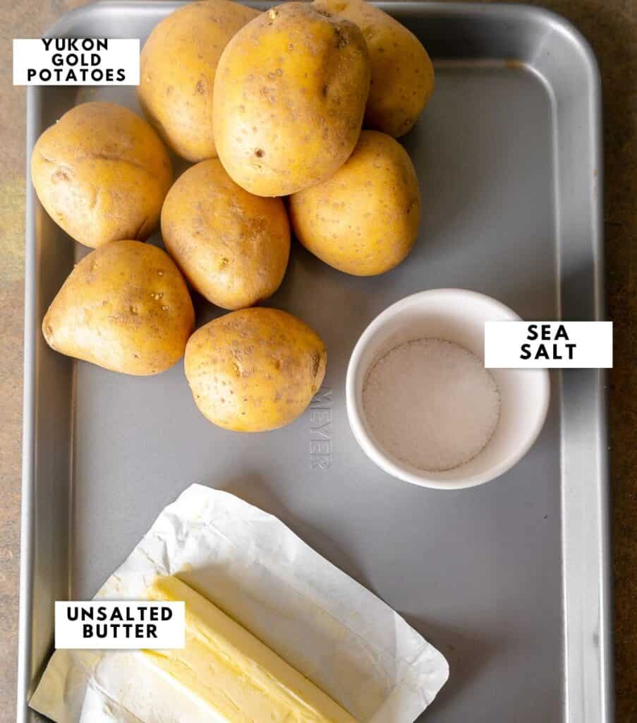Ingredients for hashbrowns labelled on a sheet tray