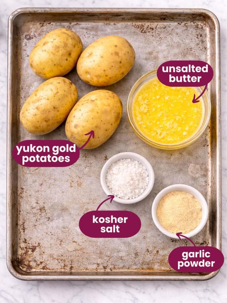 Recipe ingredients labelled on a sheet tray.