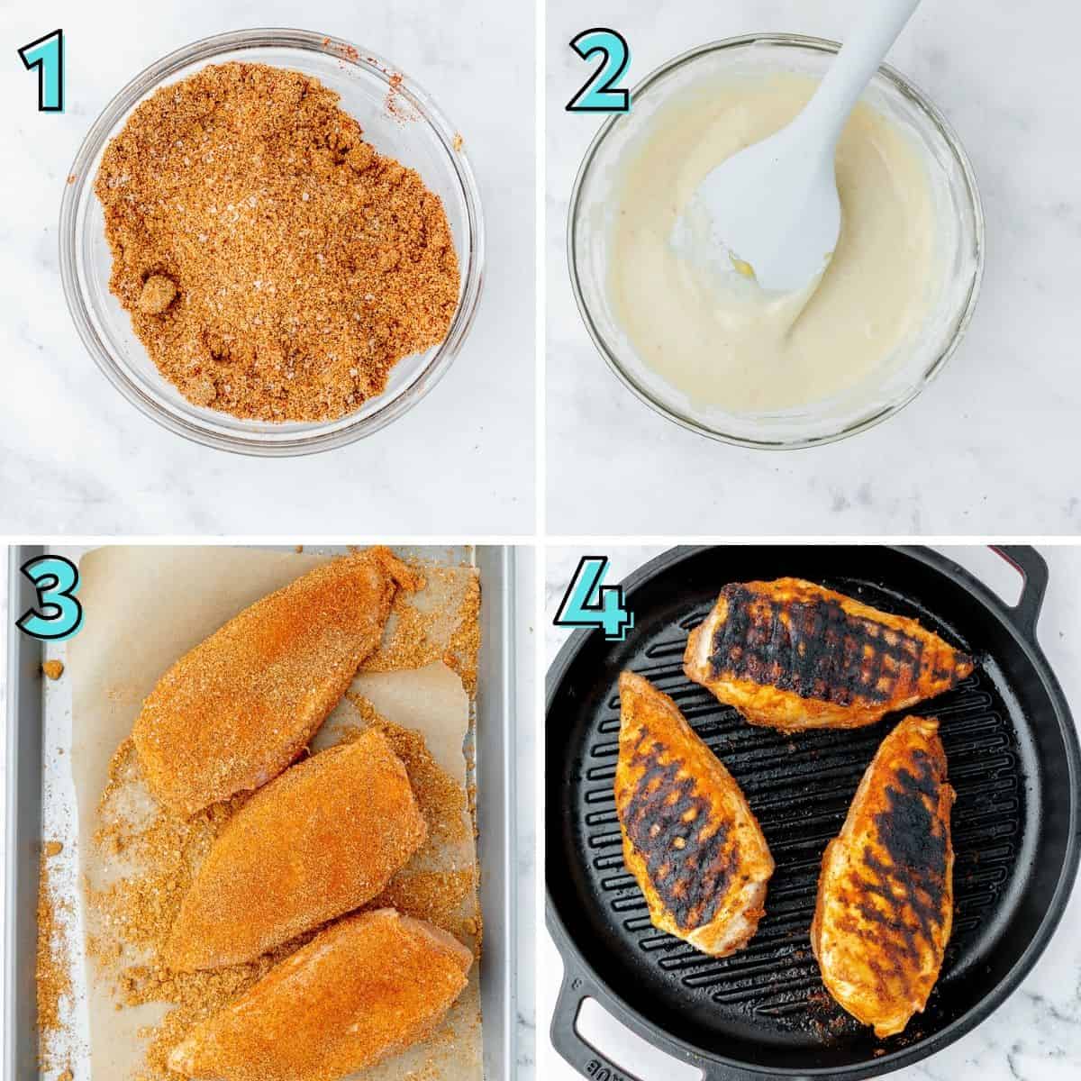 Step by step instructions to prepare alabama white sauce chicken, in a collage.