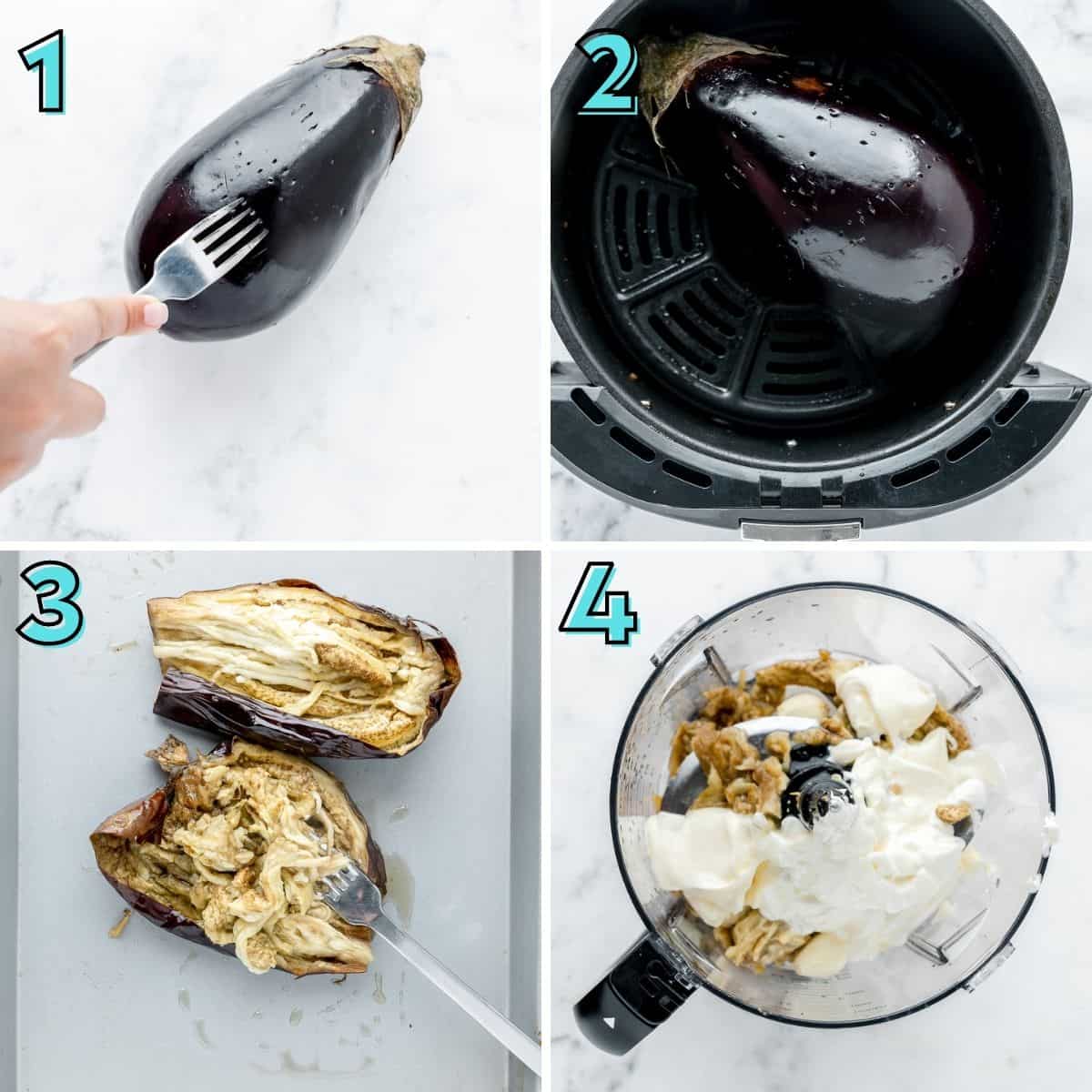 Step by step instructions to prepare roasted eggplant dip, in a collage.