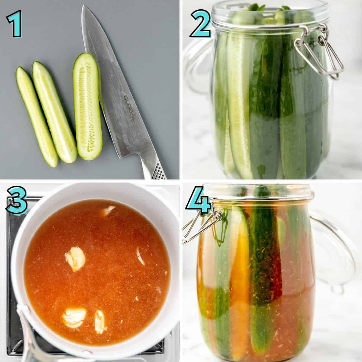 Step by step instructions to prepare pickles, in a collage.