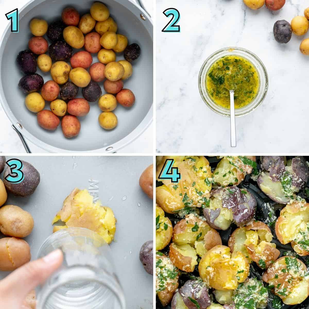 Step by step instructions to prepare smashed potatoes, in a collage.