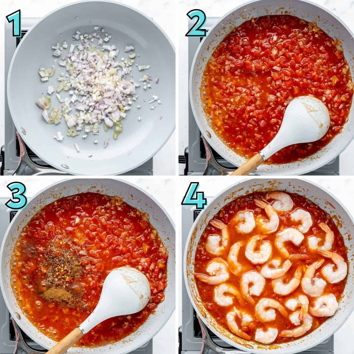 Step by step instructions to prepare shrimp saganaki, in a collage.