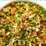 Focus photography on a spoon of Lentil Tabbouleh hovering above a big bowl of it