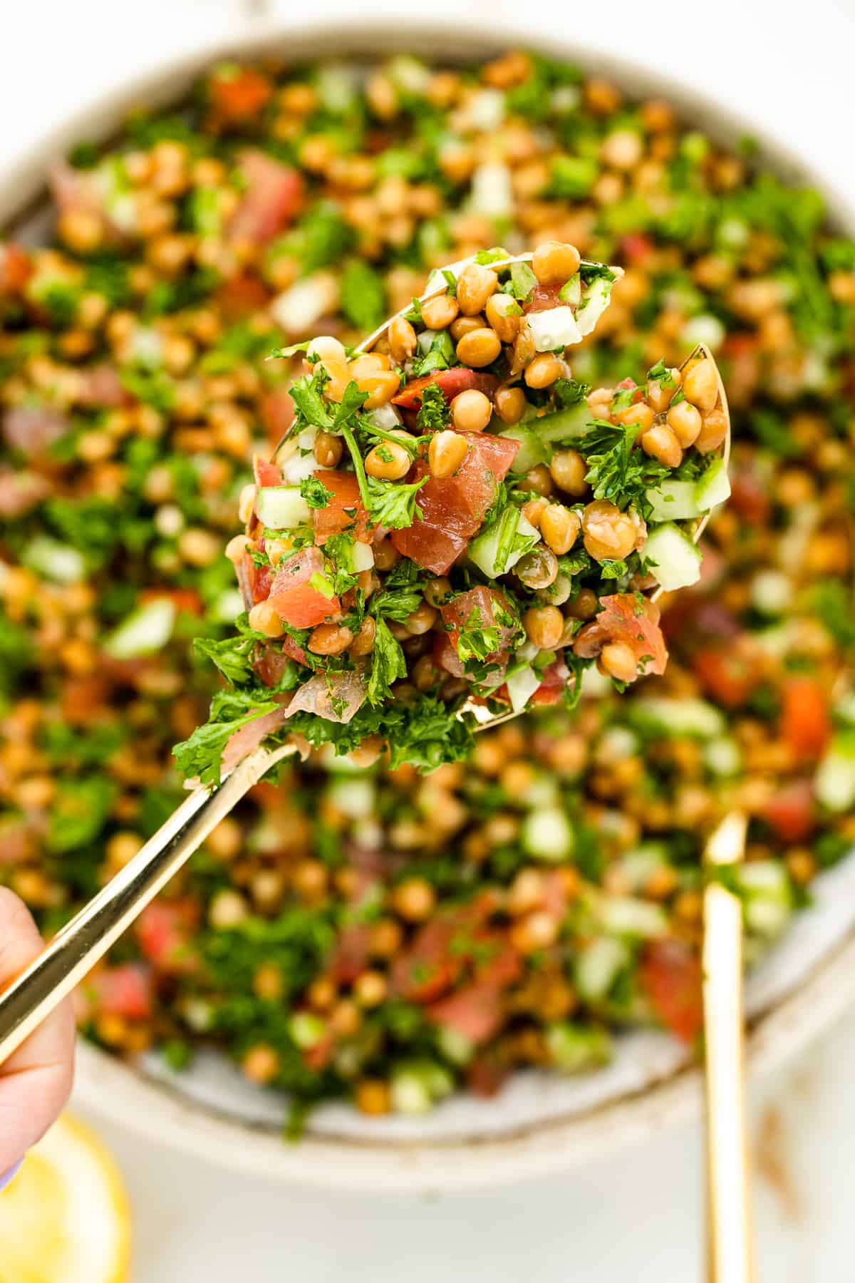 Cava tabbouleh in a serving bowl, with a close up shot of a serving spoon. 