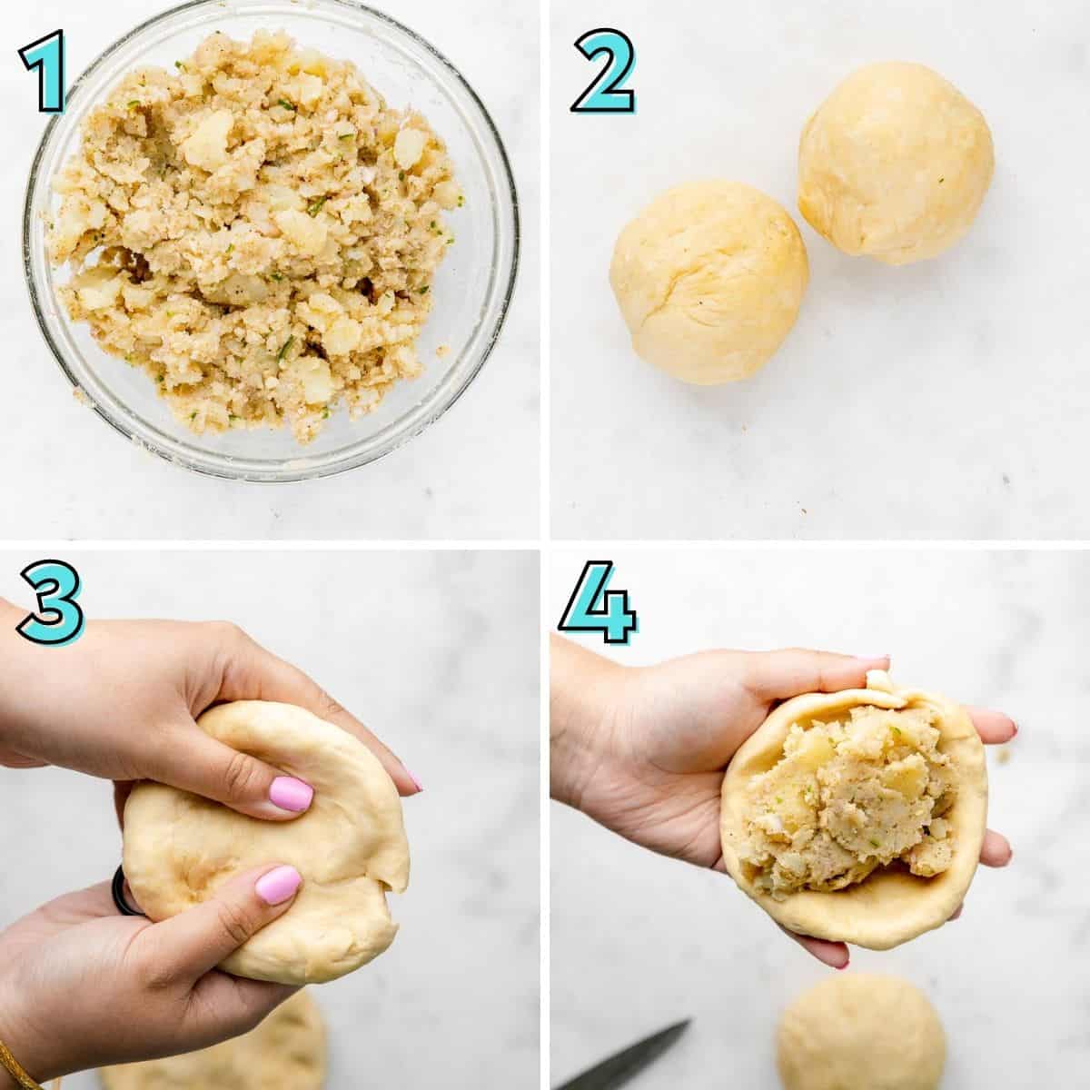 First four steps of preparing aloo stuffed naan, in a collage. 