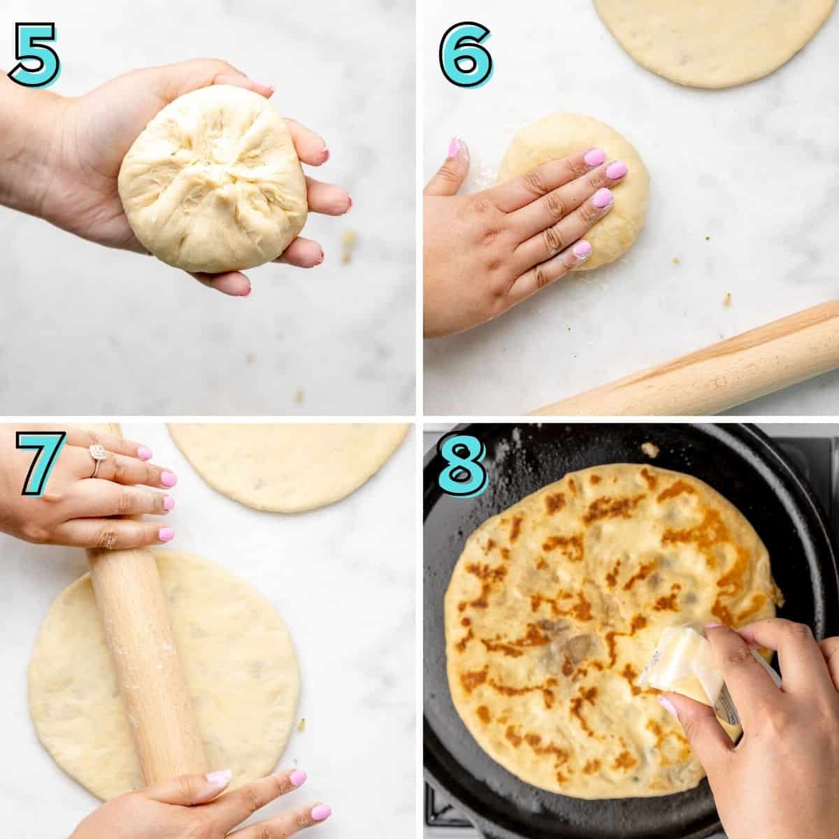 Last four steps of preparing aloo stuffed naan, in a collage. 