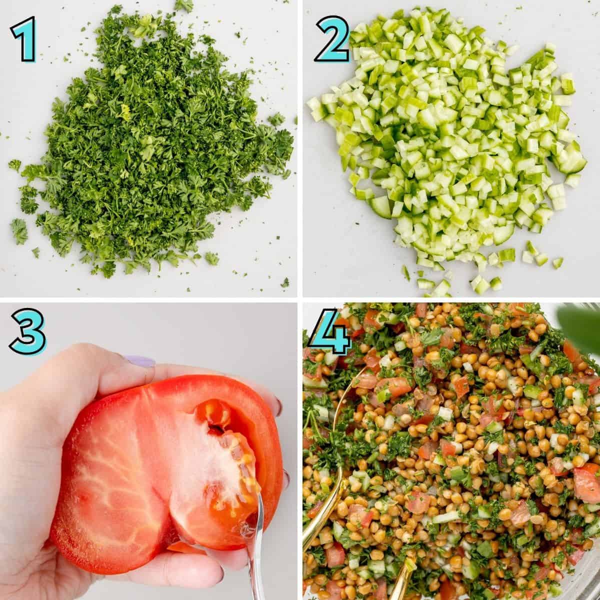 Step by step instructions to prepare lentil tabbouleh in a collage. 