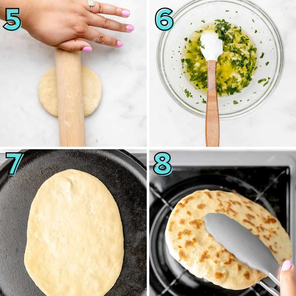 Last four steps to prepare garlic naan, in a collage.