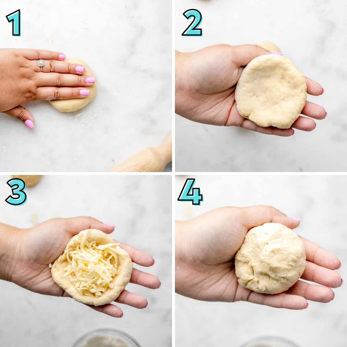 First four steps to prepare cheese naan, in a collage. 