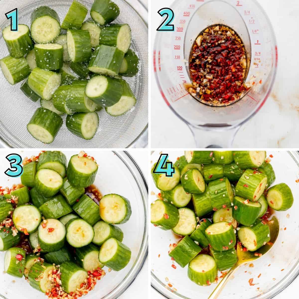 Step by step instructions to prepare dim sum cucumbers, in a collage.