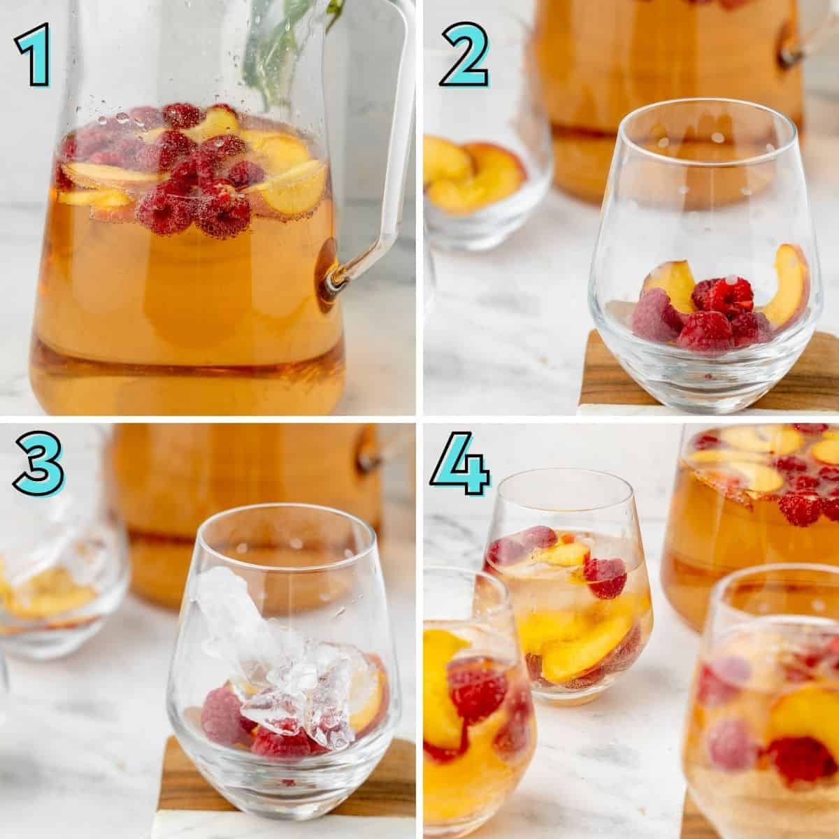 Step by step instructions to prepare rose peach sangria, in a collage.