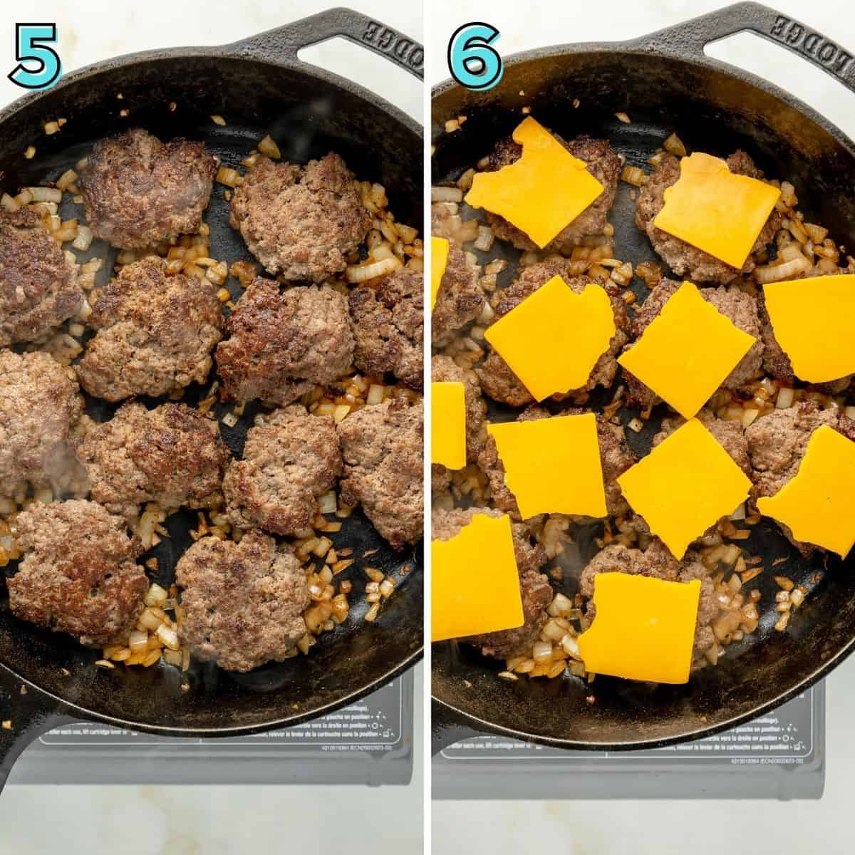 Two photos side by side of golden brown beef patties in a skillet and then the second with the beef patties with cheese on top.