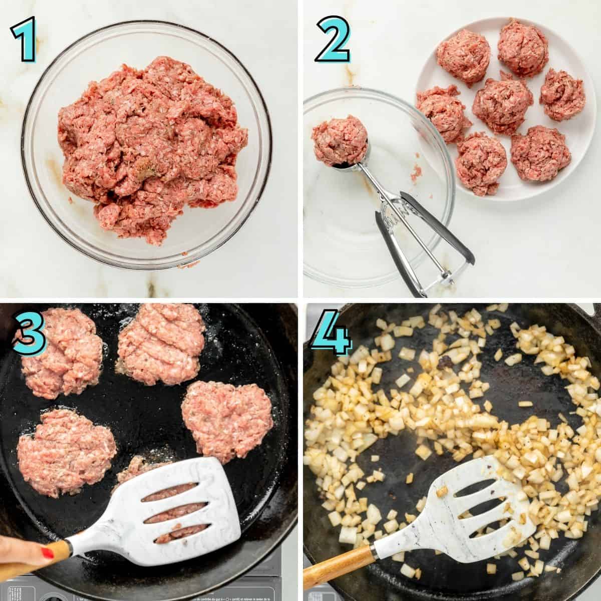 Four blocks of photos showing the step by step process for grilled onion cheddar sliders. First two are raw meet mixed and balled up beef. The third and fourth are the ingredients in the pan: the beef patties and sautéed onions.