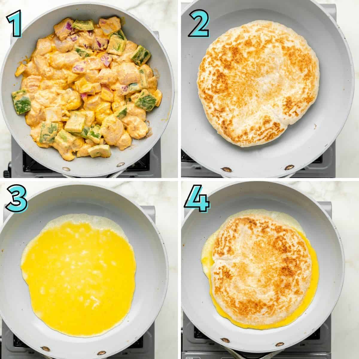 Step by step instructions to make chicken wraps, in a collage.