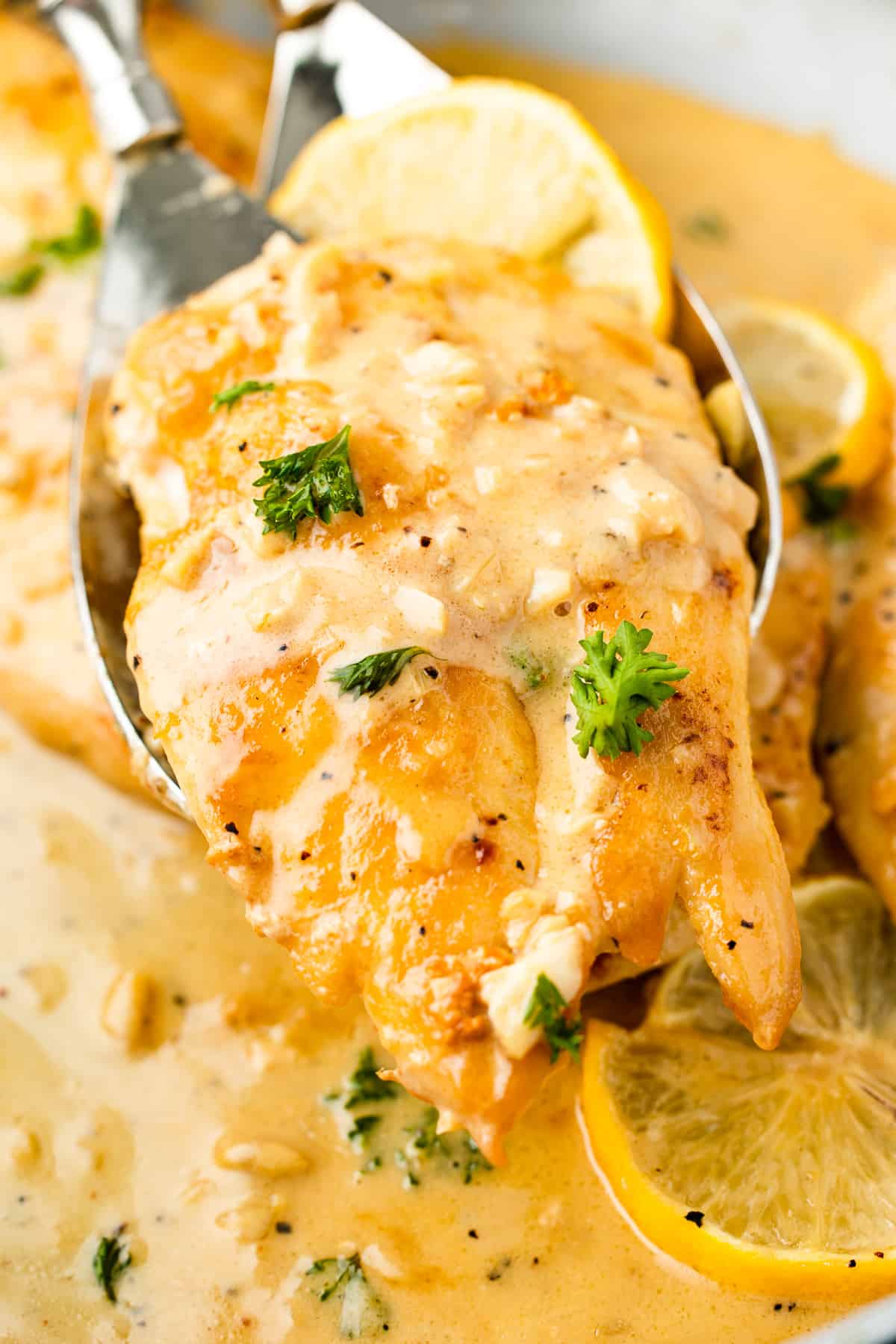 Chicken breast in lemon sauce on a serving spoon, garnished with lemon and parsley.