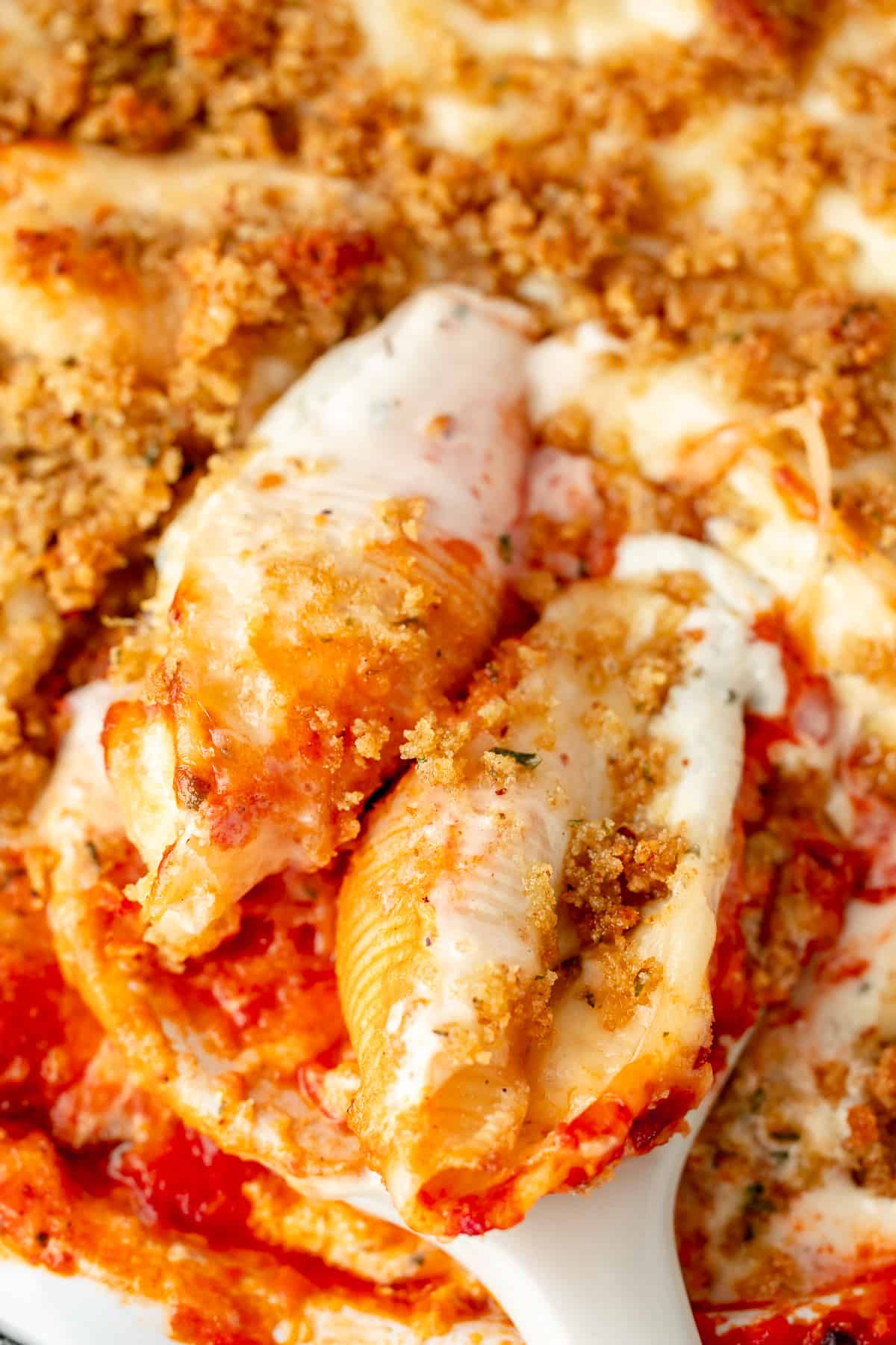 Stuffed shells in a baking dish, with a serving spoon showing the cooked shells. in cheese. 