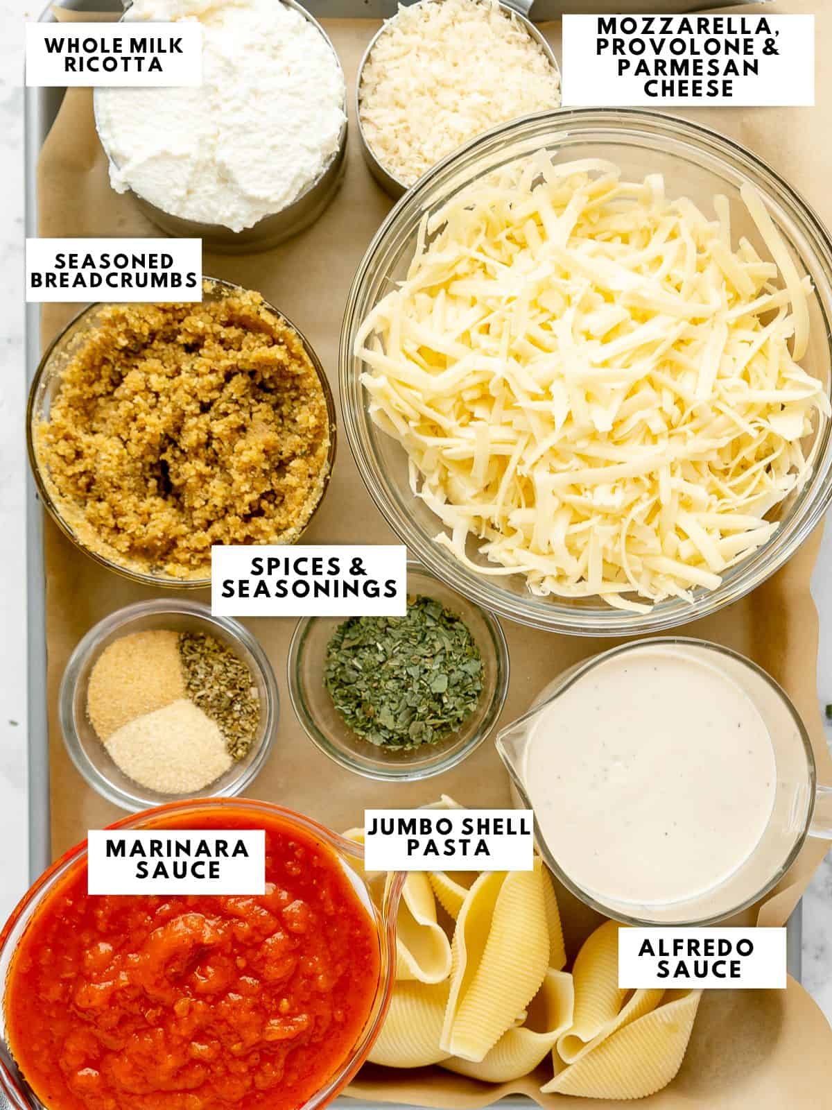 Recipe ingredients labelled on a sheet tray. 
