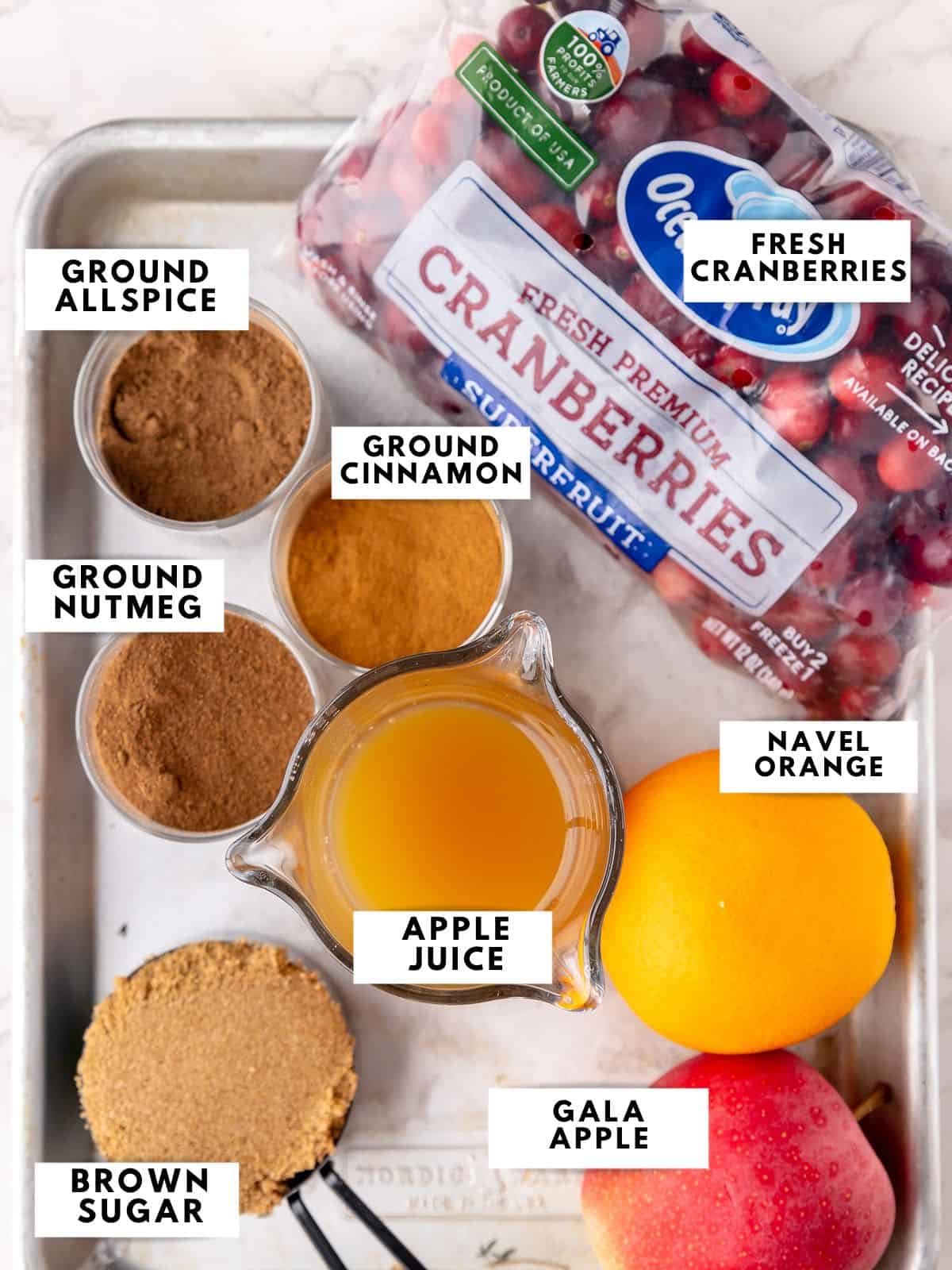 Recipe ingredients labelled on a sheet tray. 