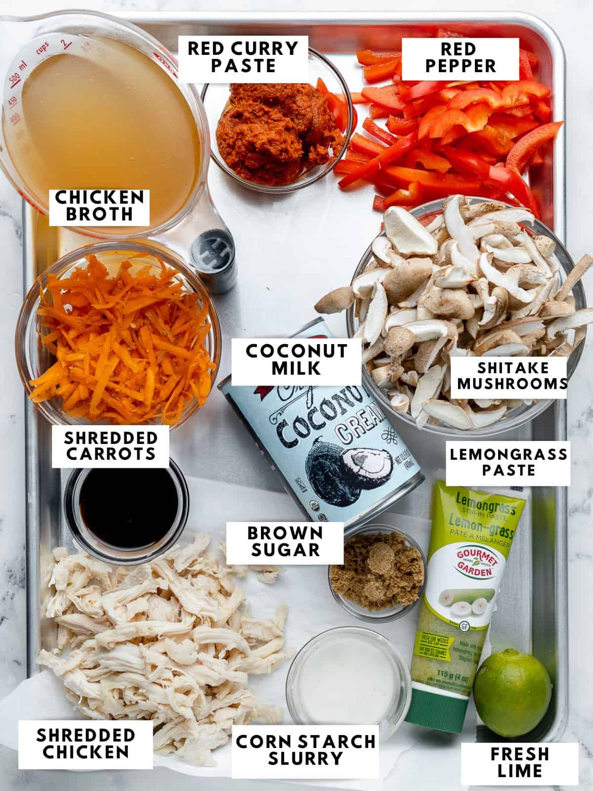 Recipe ingredients, labelled on a sheet tray.