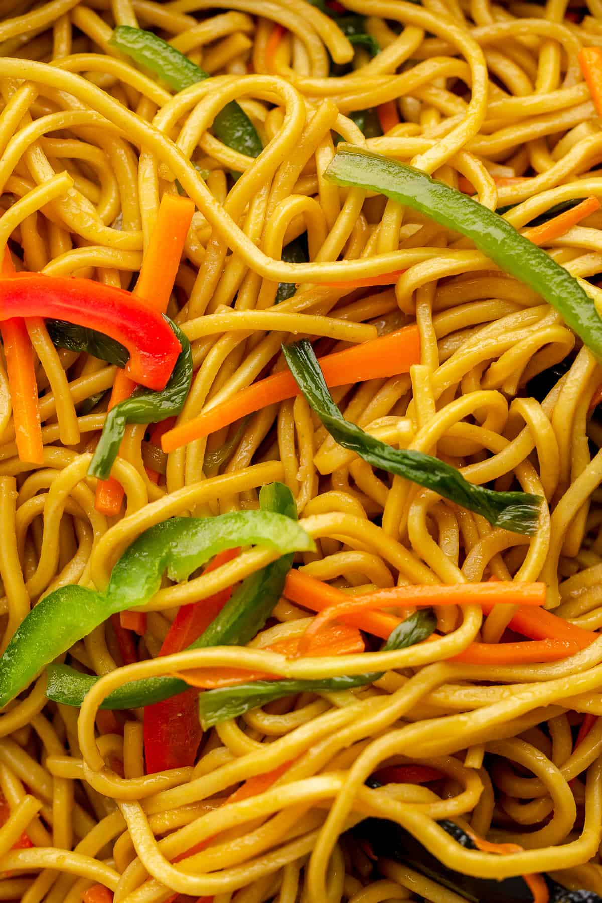 Close-up shot of hakka noodles served in a skillet.