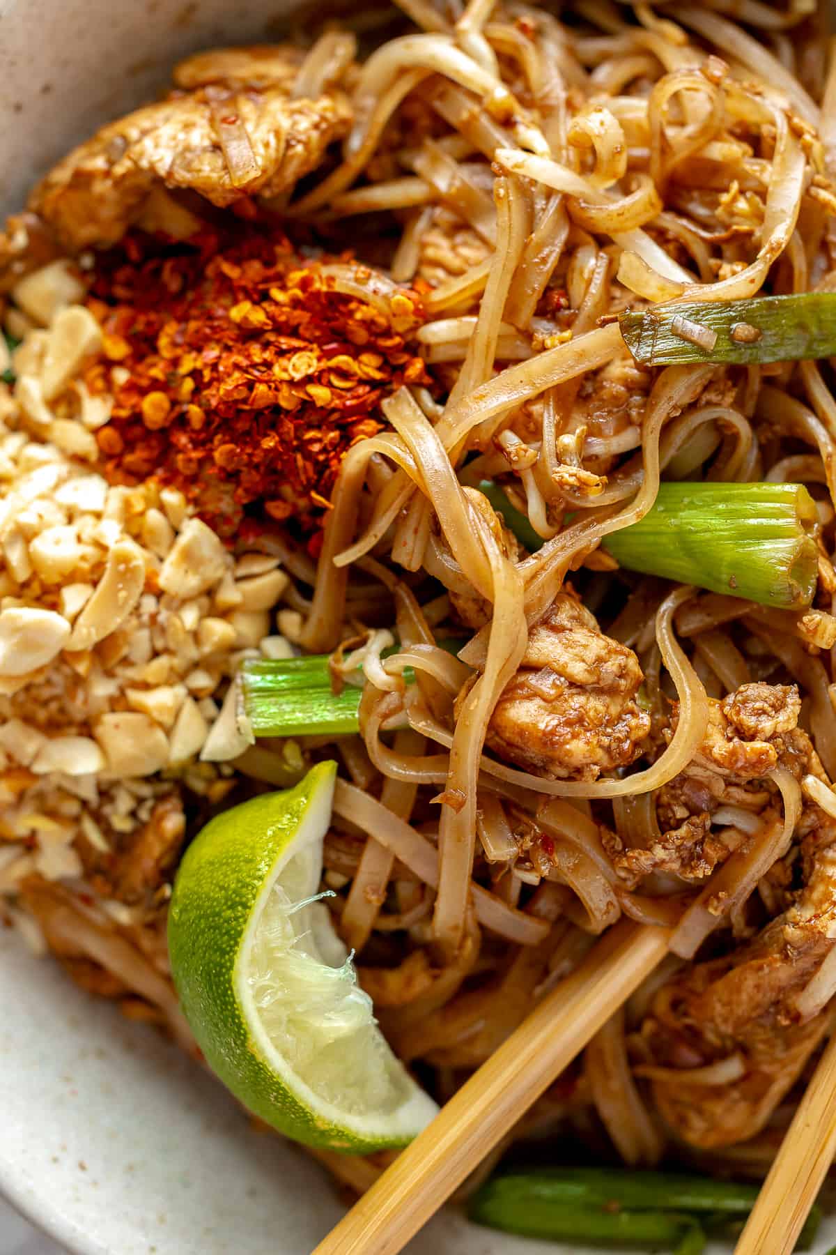 Close up shot of pad thai served in a bowl with garnishes. 