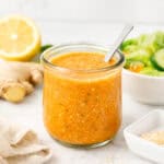 Close-up of creamy Benihana-style ginger salad dressing.