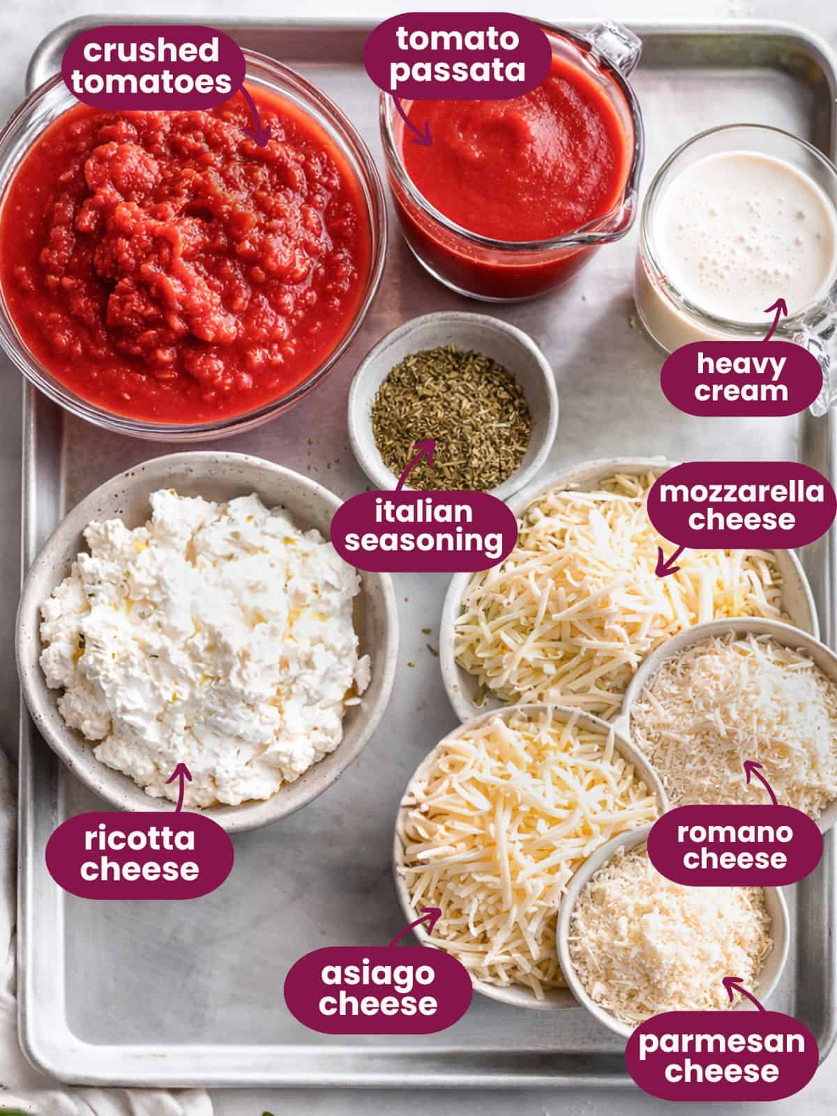 Recipe ingredients labelled on a sheet tray.